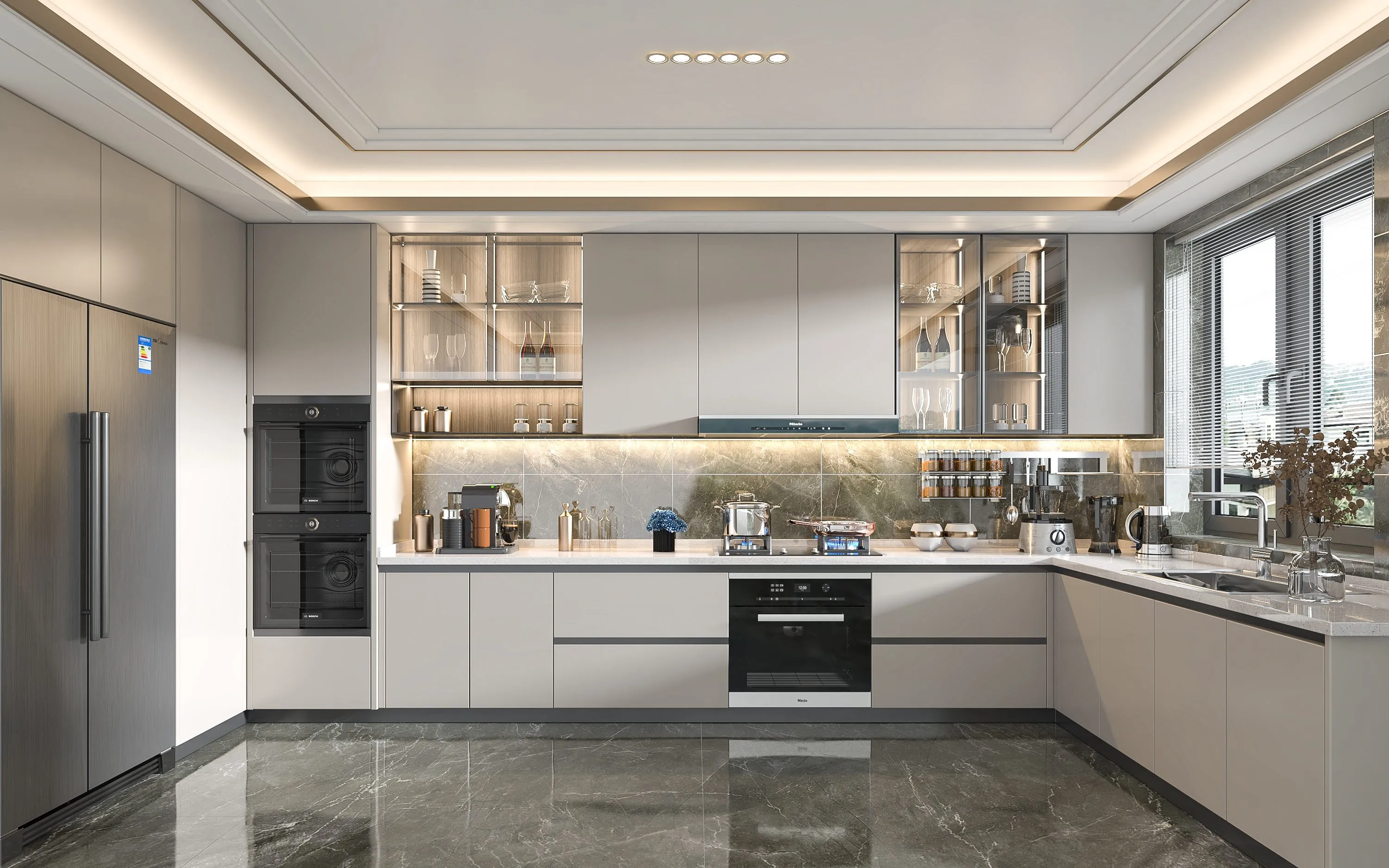 Luxury Grey Kitchen with Glass Display Cabinets