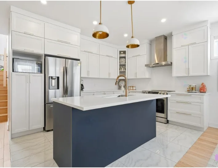 White Shaker Kitchen with Navy Blue Island Accent