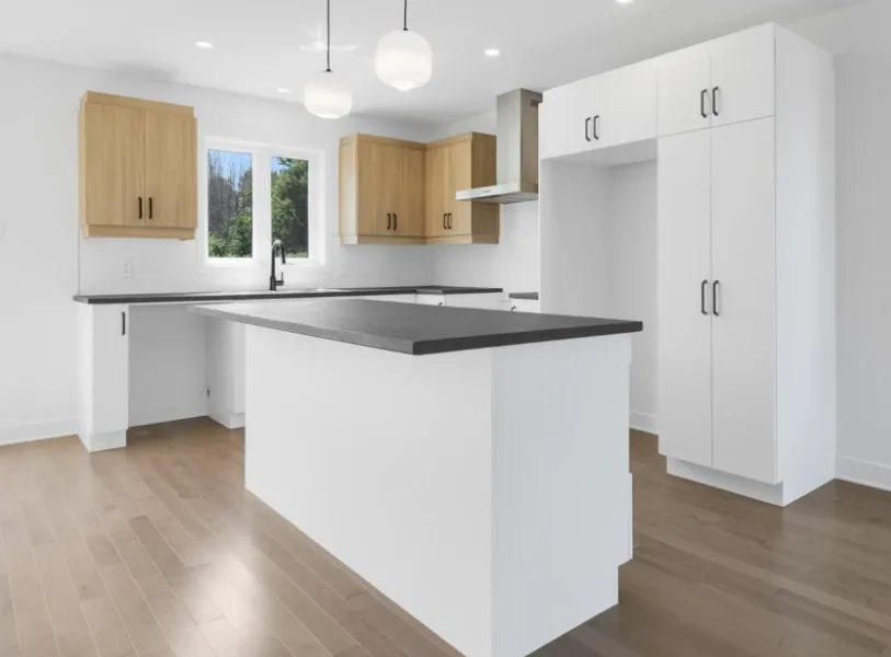 White and Oak Kitchen with Globe Pendant Lights